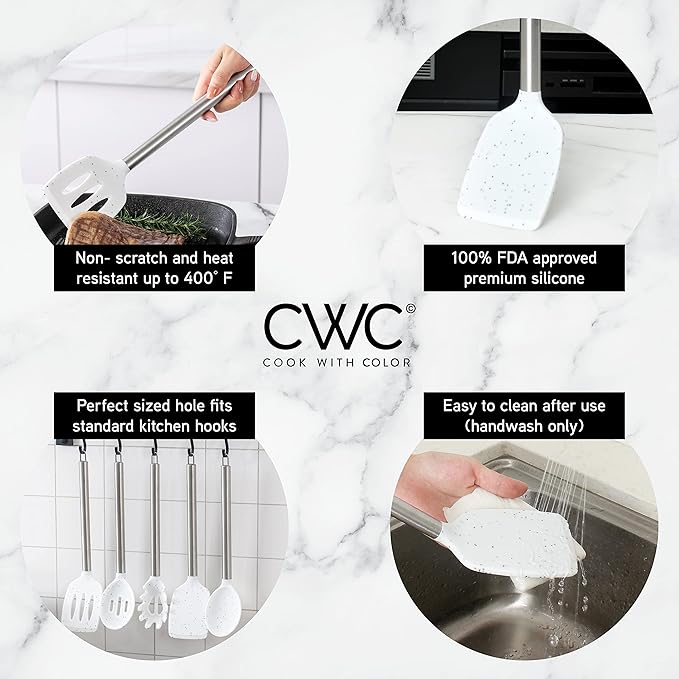 COOK WITH COLOR Silicone Cooking Utensils, Kitchen Utensil Set, Easy to Clean Silicone Kitchen Utensils, Cooking Utensils for Nonstick Cookware, Kitchen Gadgets Set, 5 Pieces, Speckled White