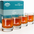 (L-Monogram)- 4 Piece Set of 11 Ounce Engraved Heavy Base Rocks Glasses Elegant Glass-Multi-Purpose Beverage-Rocks Glass- Gift for any Occasion- By: On The Rox