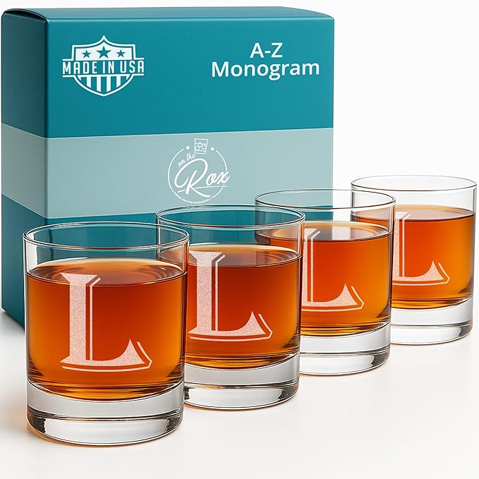 (L-Monogram)- 4 Piece Set of 11 Ounce Engraved Heavy Base Rocks Glasses Elegant Glass-Multi-Purpose Beverage-Rocks Glass- Gift for any Occasion- By: On The Rox