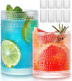 Hobnail Drinking Glasses Set of 8, 4pcs 15oz Highball Glasses & 4pcs 12oz Clear Glass Cups,Kitchen Bar Vintage Embossed Glassware Sets for Whiskey,Cocktail,mocktails,Wine, Water & Juice Drinkware
