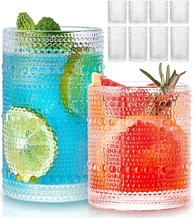Hobnail Drinking Glasses Set of 8, 4pcs 15oz Highball Glasses & 4pcs 12oz Clear Glass Cups,Kitchen Bar Vintage Embossed Glassware Sets for Whiskey,Cocktail,mocktails,Wine, Water & Juice Drinkware