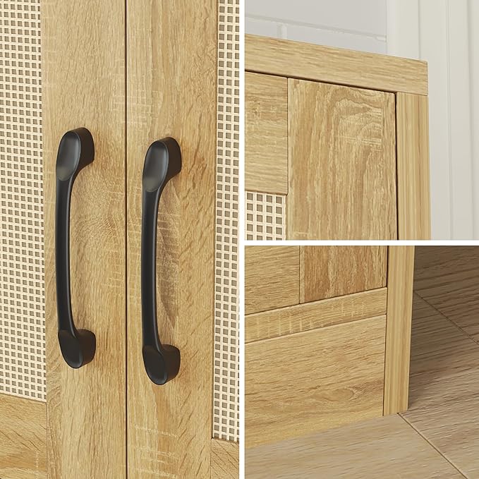 Kitchen Pantry Cabinet, 67" Tall Rattan Storage Cabinet with Doors and Adjustable Shelves, Wooden Linen Pantry Cupboard for Small Spaces Laundry Room Bathroom, Food Snack Towels Storage, Oak