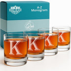On The Rox Drinks (K-Monogram)- 4 Piece Set of 11 Ounce Engraved Heavy Base Rocks Whiskey Glasses Elegant Glass-Bourbon Multi-Purpose Beverage-Rocks Glass- Gift for any Occasion