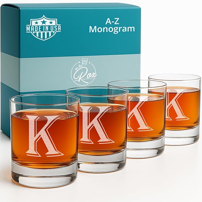 On The Rox Drinks (K-Monogram)- 4 Piece Set of 11 Ounce Engraved Heavy Base Rocks Whiskey Glasses Elegant Glass-Bourbon Multi-Purpose Beverage-Rocks Glass- Gift for any Occasion
