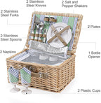 Wicker Picnic Basket for 2 Person, Willow Hamper Basket Sets with Insulated Compartment, Handmade 2 Person Picnic Basket Classical Green Stripe with Utensils Cutlery Perfect for Picnic, Camping