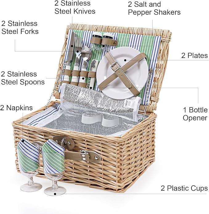 Wicker Picnic Basket for 2 Person, Willow Hamper Basket Sets with Insulated Compartment, Handmade 2 Person Picnic Basket Classical Green Stripe with Utensils Cutlery Perfect for Picnic, Camping