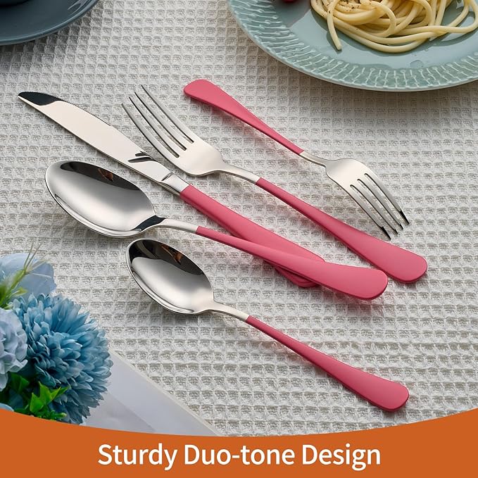 20 Piece Pink 18/0 Flatware Utensil Set for 4, Include Dinner Knife,Dinner Forks,Dinner Spoons,Salad Forks,Teaspoons,Silverware Set for 4, Dishwasher Safe