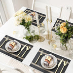 Black Placemats Set of 6 - Easy Clean Modern Durable Washable Vinyl Place Mats - Heat Resistant Placemats for Kitchen Table - PVC Table Mats for Dining Table (Black with Stripes, 6)