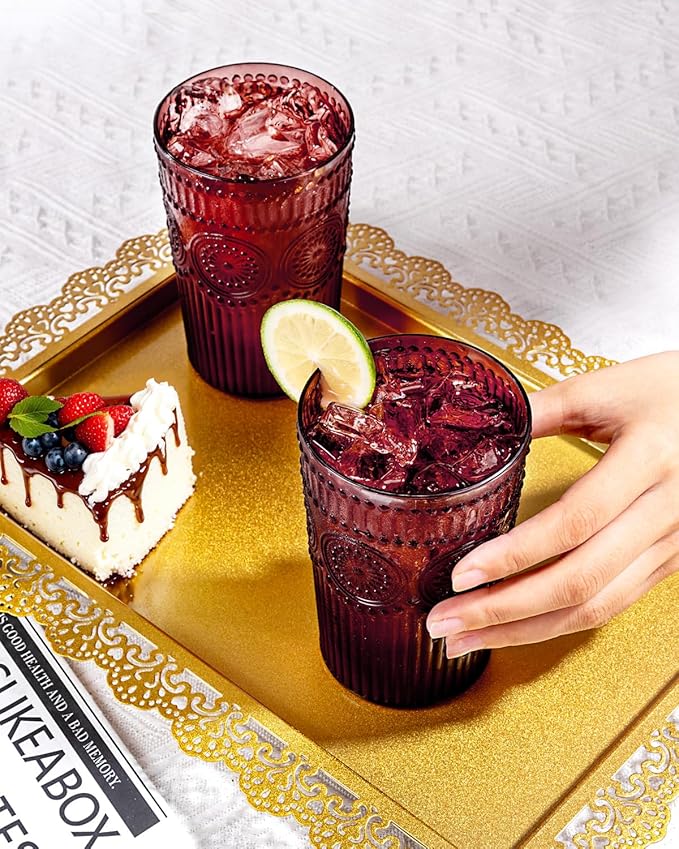 Ciaell 12 Pack Romantic Plastic Water Glasses - 14 Oz Burgundy Vintage Drinking Glasses, Embossed Ribbed Plastic Cups, Textured Striped Set for Juice, Beverages, Beer, Cocktail & Christmas