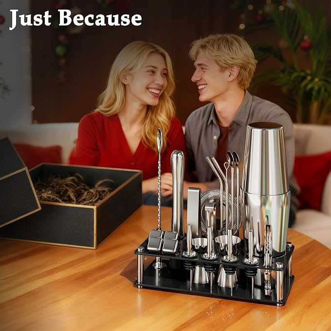 Cocktail Shaker Set Bartender Kit, 24-Piece Boston Stainless Steel Bar Tool Set with Acrylic Stand Bars Set with All Practical Bar Accessories, for Drink Mixing, Bar, Home, Party, Silver