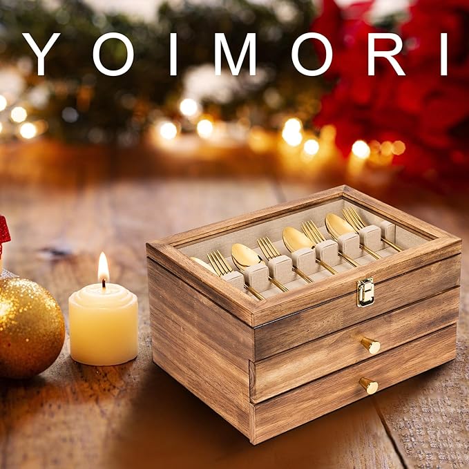 Silverware Box, 3-Layer Wooden Silverware Storage Box with Glass Lid, 14.5×10.6 Inches Vintage Style Decor Flatware Storage Case for Fine Flatware & Utensils, Gift Idea (Torched Wood)