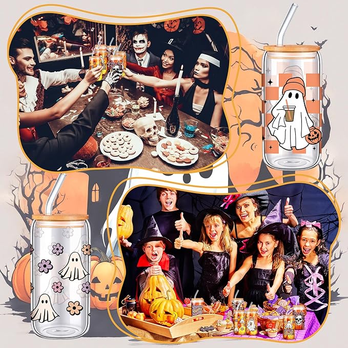 6 Pcs Halloween Glasses 16 oz Cute Ghost Flower Skull Cups with Bamboo Lid and Glass Straw Spooky Pumpkin Bat Can Shaped Mason Drinking Jars Iced Coffee Cups for Halloween Party Gift