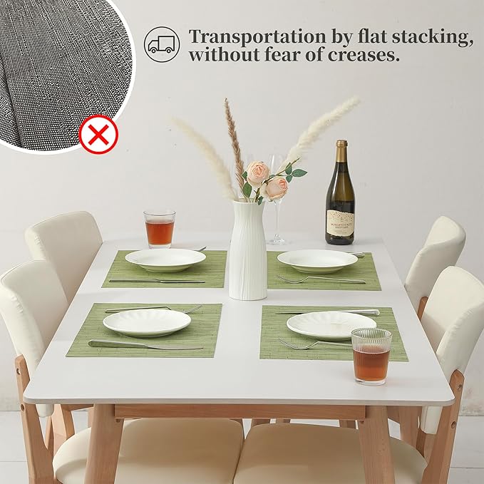 Leetaltree Pea Green Placemats Set of 12 - Heat Resistant Non-Slip Place mats for Dining Table, Washable Durable PVC Vinyl Woven Table Mats（Pea Green, 12）