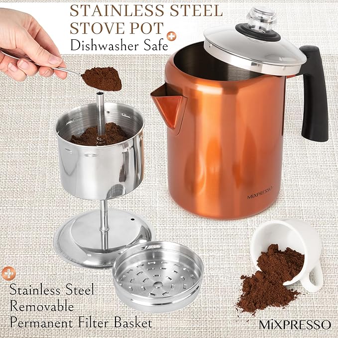 Mixpresso Copper Stainless Steel Coffee Percolator Stovetop, 37oz Classic Percolator Coffee Pot, Great For Camping Pot, 5-8 Cup Stove Top Espresso Maker, Cool-Touch Handle