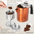Mixpresso Copper Stainless Steel Coffee Percolator Stovetop, 37oz Classic Percolator Coffee Pot, Great For Camping Pot, 5-8 Cup Stove Top Espresso Maker, Cool-Touch Handle