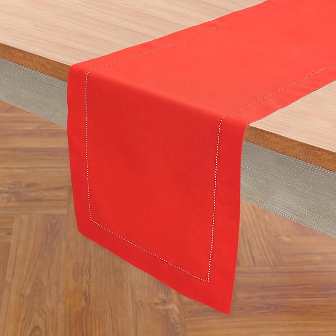 Solino Home Cotton Linen Table Runner 60 Inches - Poppy Red Hemstitch Table Runner 14 x 60 Inch Ideal for Dresser and Coffee Tables - Summer, Halloween