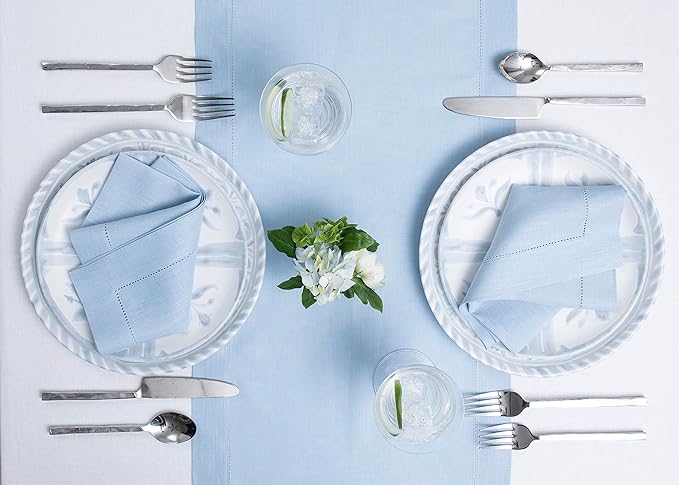 Solino Home Linen Sky Blue Table Runner 36 Inches - Classic Hemstitch, 100% Pure Linen Coffee Table Runner 14 x 36 Inch Ideal for Dresser Tables - Summer