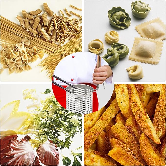 Stainless Steel Pasta Strainer, 2pcs Micro-Perforated Food Dumpling Noodle Strainer with Wood Handle Straining Noodles Pasta Baskets