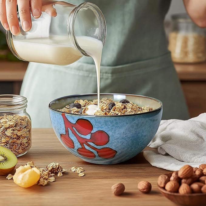 Ceramic Cereal Bowls Set of 6, Floral Design 6 inch – 28oz for Cereal, Salad, Soup, Dessert, or Snacks, Microwave, Dishwasher Safe