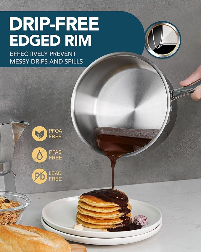 MICHELANGELO Stainless Steel Saucepans with Steamer 5Pcs, 18/10 Saucepan Set with Glass Lids, Sauce Pot Set with Triply Bottom Induction Compatible - 1QT & 2QT