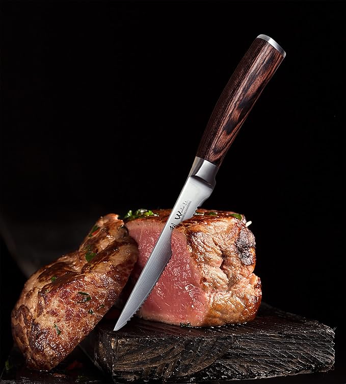 Wakoli EDIB 4-Piece Steak Knife Set – Japanese Style Dining Knives | Genuine Damascus Steel Blades with VG10 Core | Ergonomic Pakkawood Handles | Premium Steak Cutlery in Wooden Gift Box