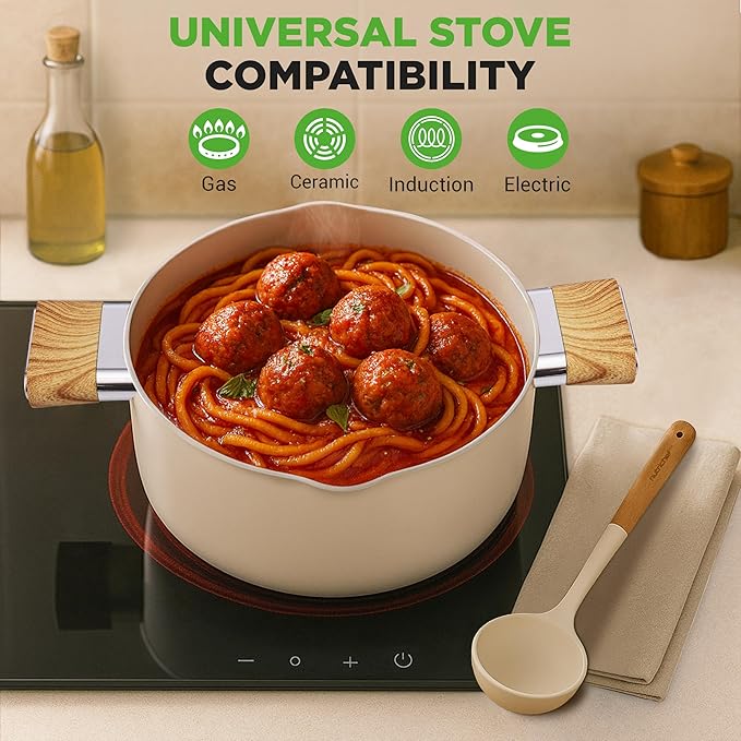 NutriChef 14-Piece pots and pans Set Ceramic Cookware Set - Induction Safe Pots and Pans with Glass Lids, Cool-Touch Handles, Dishwasher Safe, Includes Ladle, Tongs, Spatula, White