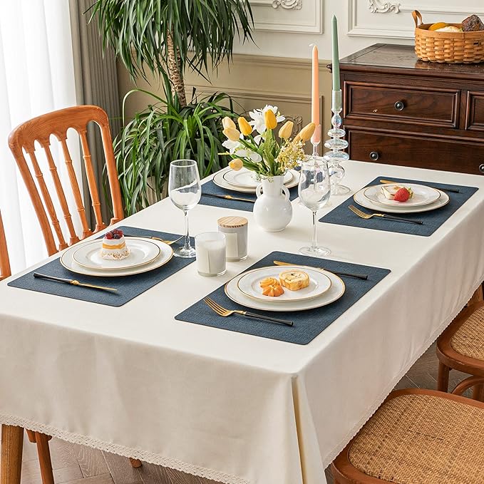 Romanstile Vinyl Placemats Set of 8-12 X 18 Inch - Heat Resistant Place Mats 100% Waterproof Oilproof Wipeable Reversible Faux Leather Table Mats for Kitchen/Dining/Party/Outdoor, Navy Blue