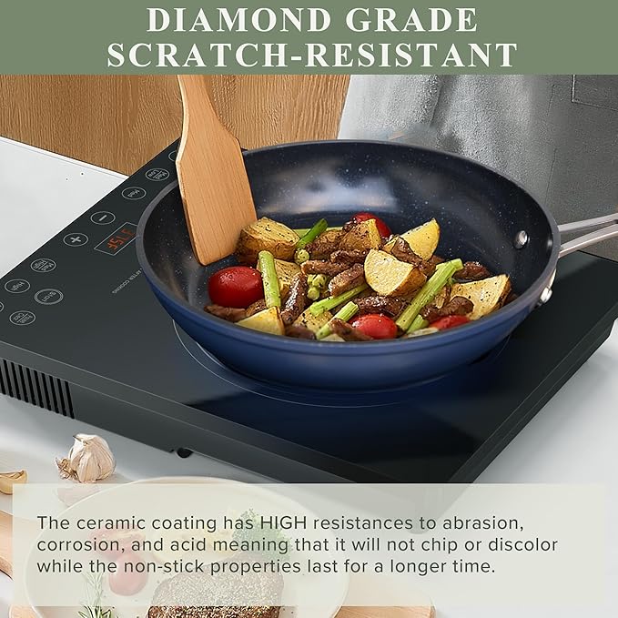 Nuwave Healthy Duralon Blue Ceramic Nonstick Cookware Set, Diamond Infused Scratch-Resistant, PFAS Free, Dishwasher & Oven Safe, Induction Ready & Evenly Heats, Tempered Glass Lids & Stay-Cool Handles