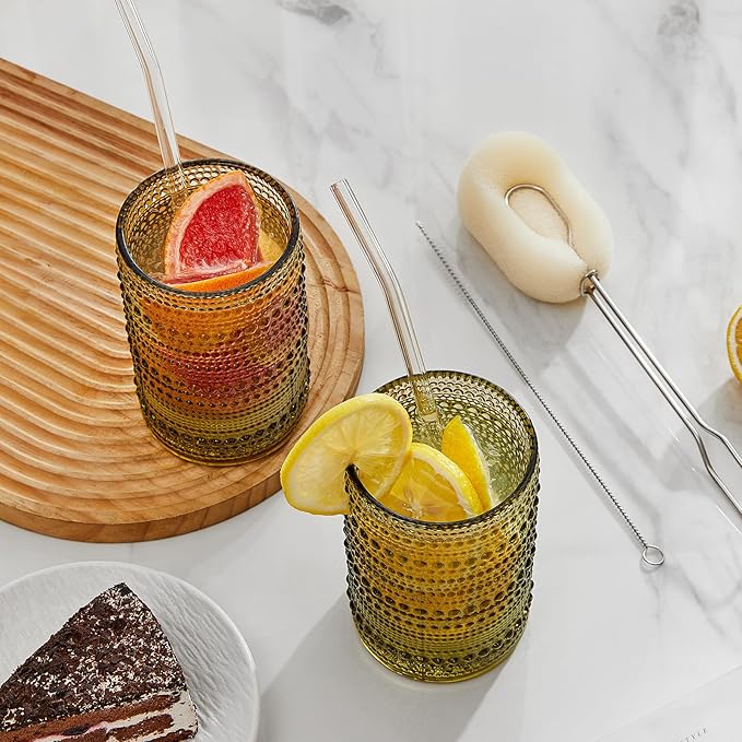 Hobnail Drinking Glasses Set of 6,15 oz Vintage Glassware Set Cocktail Glass Set, Embossed Green Water Tumbler,for Beer, Whiskey,Juice and Various Mixed Drinks (15oz Green)