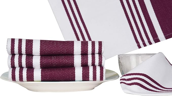 Urban Villa Kitchen Towels 100% Cotton Pack of 6, Highly Absorbent Quick Drying Super Soft Premium Dish Towels for Kitchen with Hanging Loop Hand & Tea Towels - 20x30 Inch, (Wine & White, Striped)