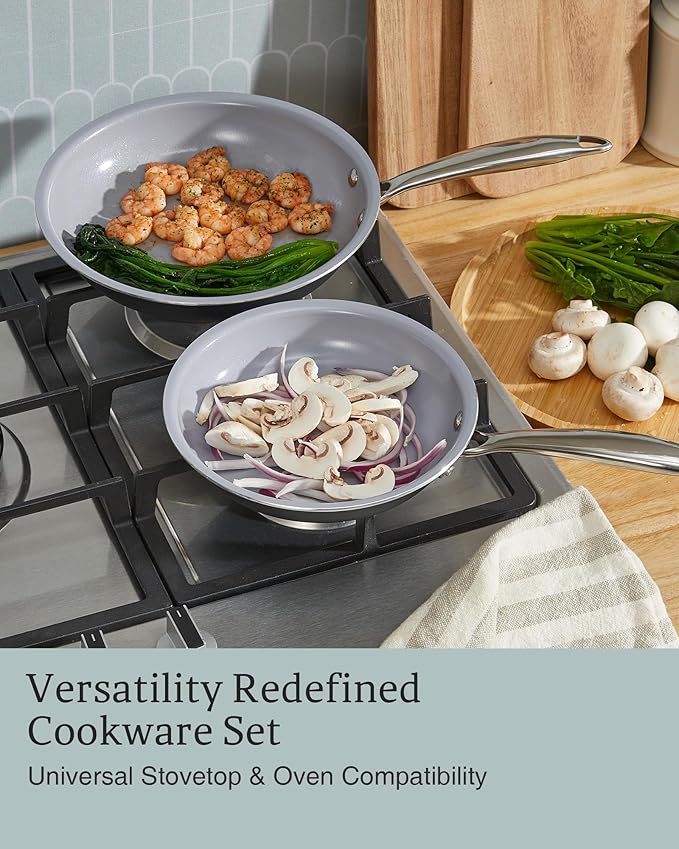 KITEXPERT Non Stick Frying Pans, Titanium Ceramic Skillet Set for Cooking, 8" 9.5" 11" Non Toxic Ceramic Pans with Stay Cool Handle, PFAS & PTFE & PFOA Free, Dishwasher and Oven Safe, Grey