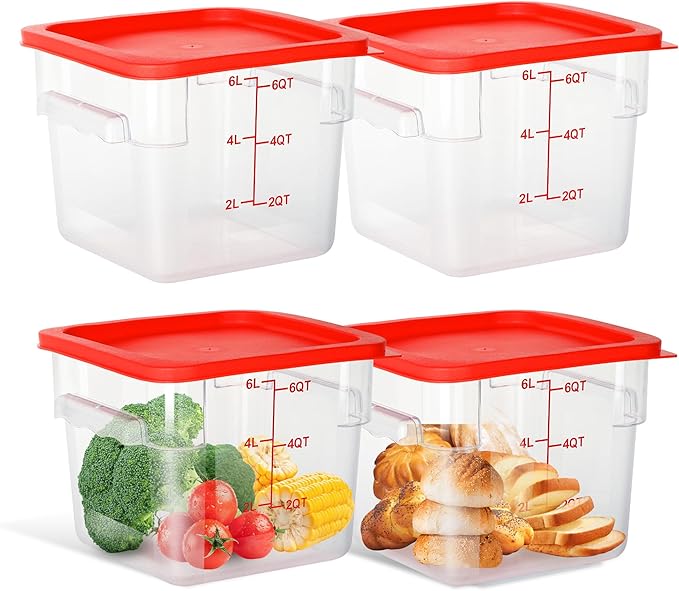 4 Pack 6 Quart Food Storage Containers with Lids, Polycarbonate Square Commercial Food Containers, NSF, Clear, New Version