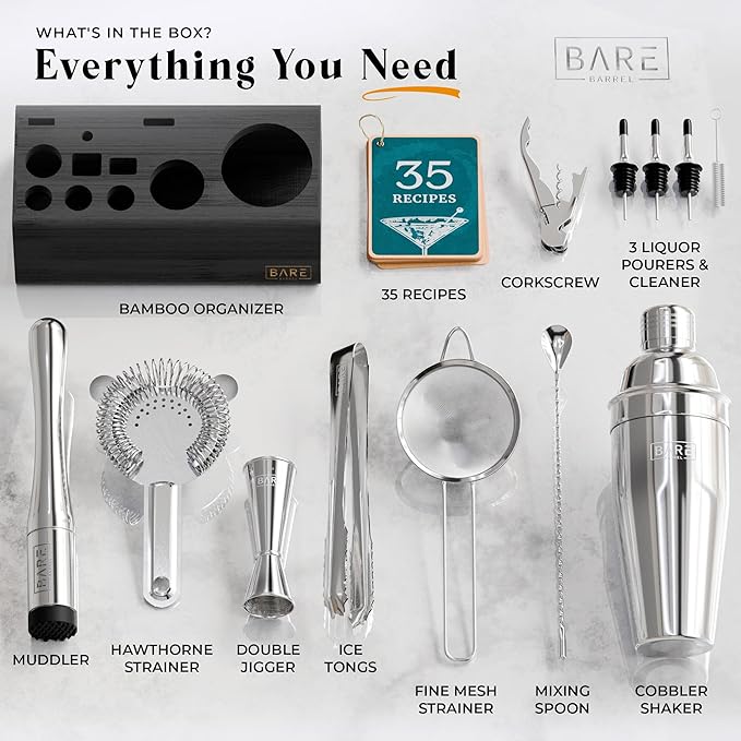 BARE BARREL® Mixology Bartender Kit Bar Set | 14-Piece Cocktail Shaker Set | Martini Barware Mixing Tools for Home Bartending | Incl. 35 Recipe Cards | Gift Set (24oz Cobbler Shaker, Silver/Black)