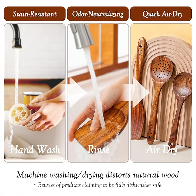 Wooden Spoons for Cooking – 10-Piece Teak Wood Cookware Utensil Set with Smooth Finish – Non-Stick, Comfortable Grip – Durable, Heat Resistant Kitchen Utensils