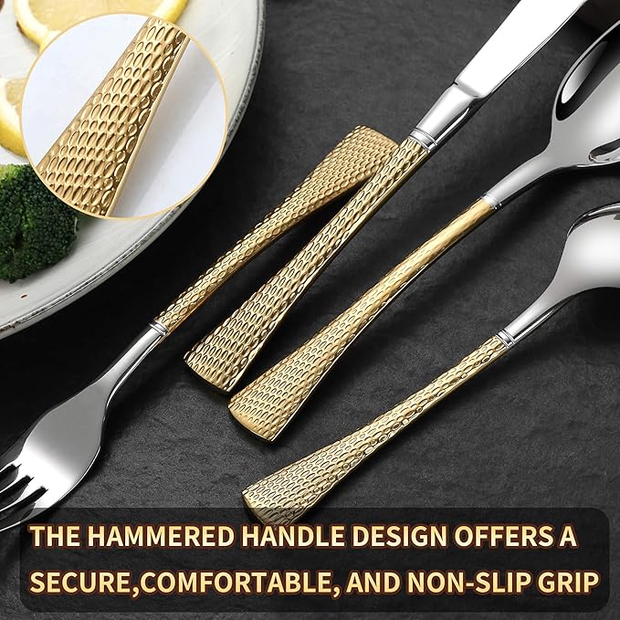 Lemeya Hammered Silver Gold Silverware Set for 8,Stainless Steel 40-Piece Modern Cutlery Set,Mirror Polished Heavy Duty Flatware Set Utensil Set,Knives Spoons and Forks Set,Dishwasher Safe