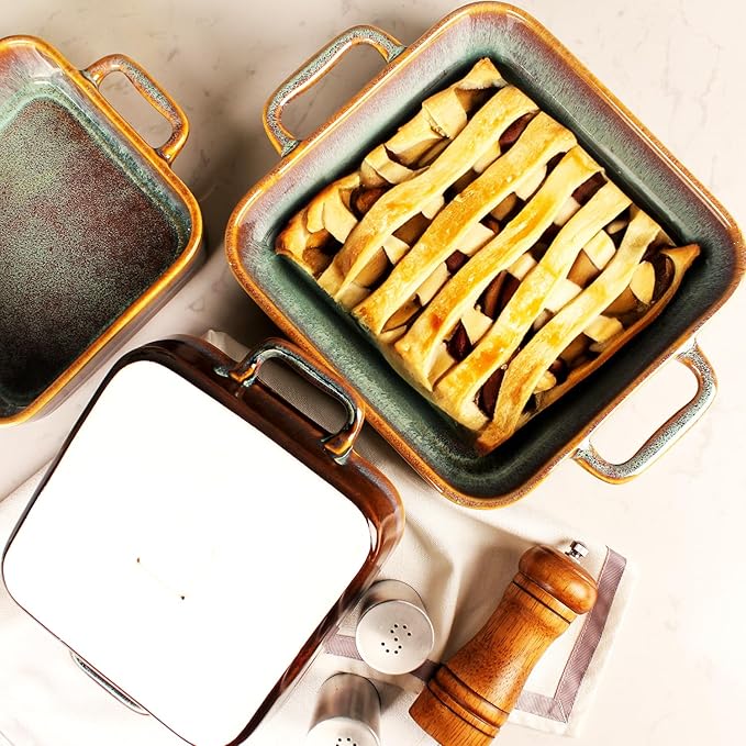 9" x 9"Square Casserole Dish, 1.8 Qt Ceramic Au gratin Baking Dish with Handles, Or for mixing, salad, pasta plate, Best gift for those who love baking, Microwave, Oven safe
