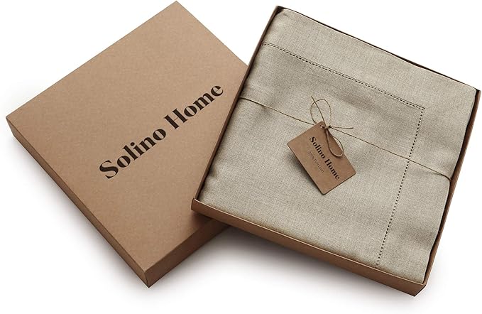 Solino Home Linen Tablecloth 60 x 108 Inch - Classic Hemstitch 100% Pure Linen Natural Table Cloth for Rectangle Tables - Machine Washable Tablecloth for Summer, Fall, Autumn