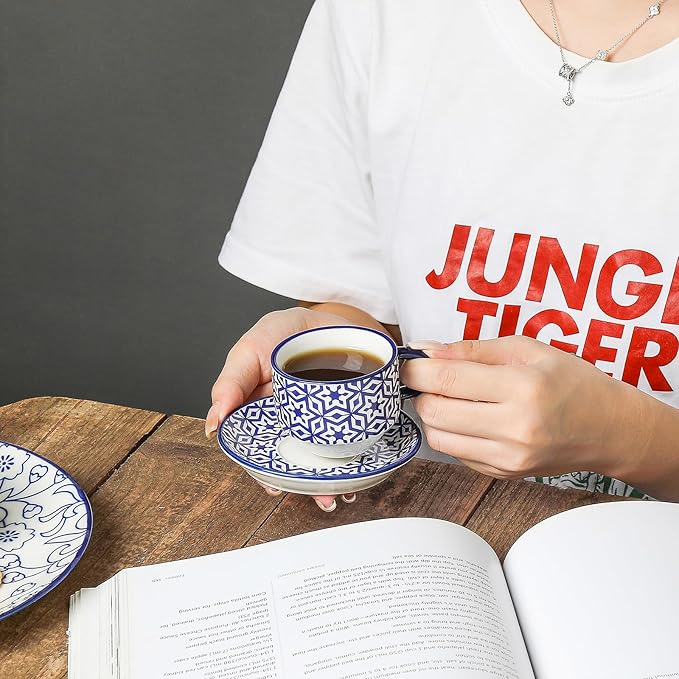 Selamica Ceramic Espresso Cups with Saucers, 2.5 OZ Stackable Demitasse Cups with Metal Stand, Mini Espresso Mugs for Latte Coffee Café Mocha Tea, Set of 6, Vintage Blue