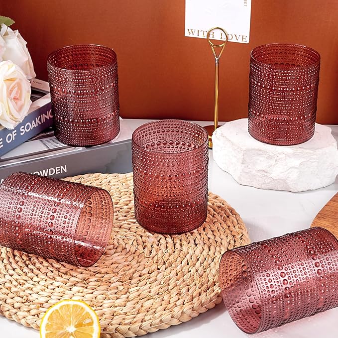 18PCS Plastic Hobnail Drinking Glasses - 14 Oz Burgundy Vintage Glasses Drinkware - Disposable Beaded Cups for Beer, Whiskey, Juice, Cocktail, Wine, Party