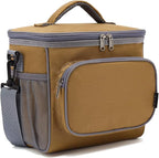 FlowFly Insulated Reusable Lunch Bag Adult Large Lunch Box for Women and Men with Adjustable Shoulder Strap,Front Zipper Pocket and Dual Large Mesh Side Pockets,Brown