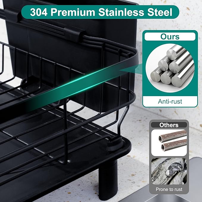 Dish Drying Rack for Kitchen Counter,Space-Saving Dish Rack with Drainboard,Rustproof Countertop Dish Drainer with Utensil Holder for Sink,Black