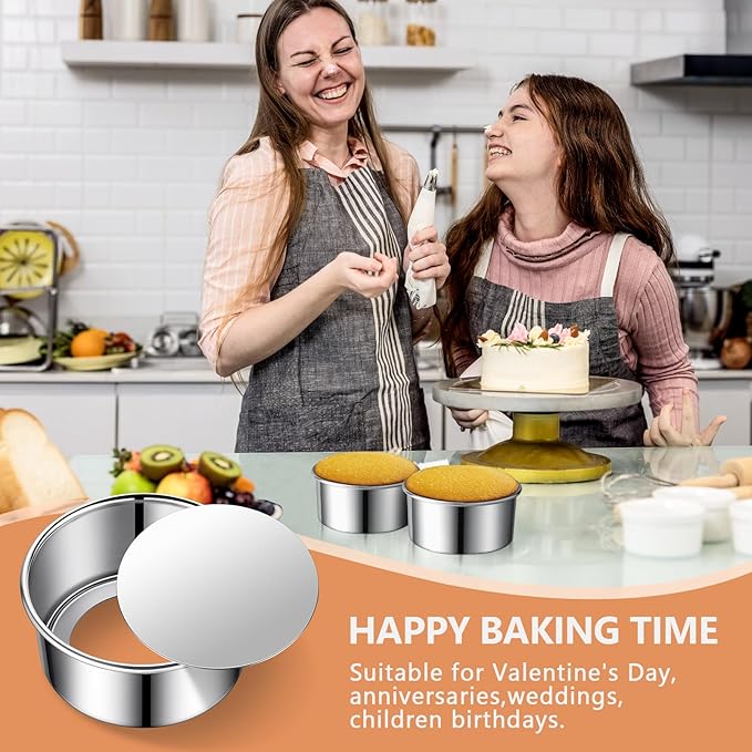 4 Inch Cake Pan Set of 4, Removable Bottom & Easy Releasing Mini Cake Pan, Leakproof & Nonstick Round Cake Pan, 304 Stainless Steel Small Cake Baking Pans, Non-Toxic & Healthy
