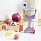 2PCS Onion Slicer Holder, JJOO Stainless Steel Onion Cutter for Slicing and Storage Onions, Tomato, Eggs and Vegetables, Protective Cover Included, Dishwasher Safe (Stylish orange+ Purple Color)
