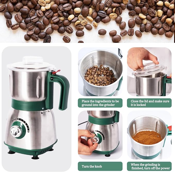 Electric Grinder for Kitchen - 500W Grain Mill with 3 Stainless Steel Blades, Versatile Spice Grinder for Coffee, Grinding Spices, Bean, Grains, Nuts (Green)