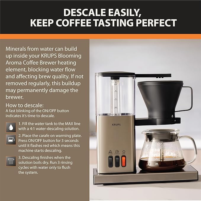 KRUPS Essential Brewer 8 Cup Drip Coffee Maker Machine, SCA-Certified, Blooming Technology, Barista-Quality, Pour Over Coffee Machine, Easy to Clean, Stainless Steel Design, Silver