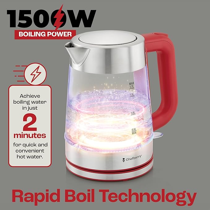 Electric Kettle for Boiling Hot Tea & Water | 1.8L Stainless Steel Borosilicate Glass Boiler With No Plastic, Automatic Shutoff, BPA Free, Fast Heating Technology