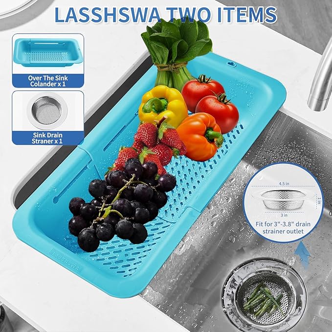 LASSHSWA Collapsible Colander and Strainer for Kitchen, Over the Sink Strainer Basket for Kitchen, Fruit Pasta Food Strainer Expandable Plastic Colander with A Sink Drain Strainer Stainless Steel