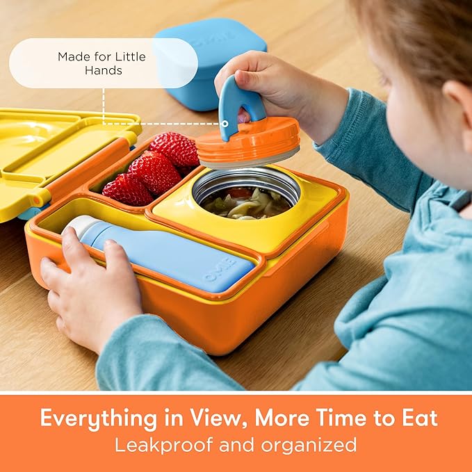 OmieBox Bento Box for Kids - Insulated Bento Lunch Box with Leak Proof Vacuum Insulated Food Jar - 3 Compartments, Two Temperature Zones (Sunshine)