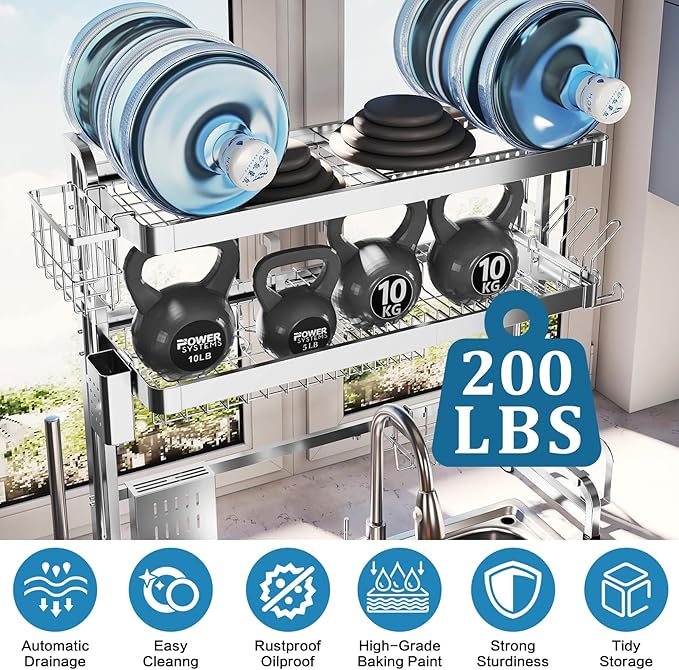 Over The Sink Dish Drying Rack,3 Tier Adjustable Length Full Stainless Steel Large Storage Kitchen Dish Rack,for Kitchen Counter Expandable Multifunctional Organizers,Silver (25.98-37.6")