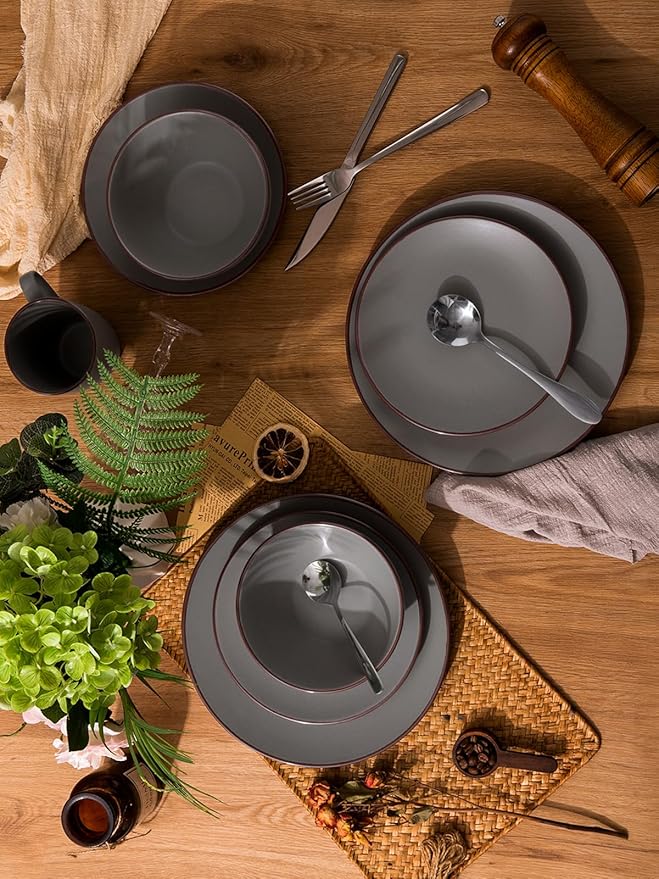Famiware Venus Plates and Bowls Sets, 18 Pieces Stoneware Dinnerware Sets, Speckled Dishes Set for 6, Microwave and Dishwasher Safe, Matte Dark Grey